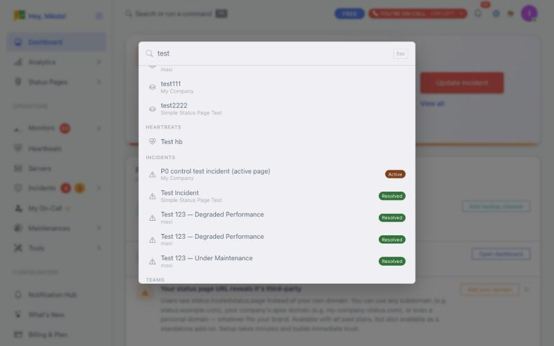 Incident results with Active and Resolved status badges