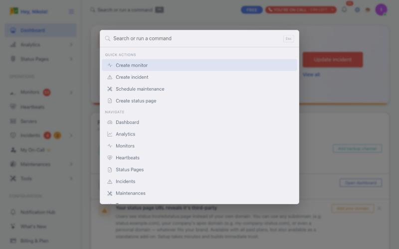Command palette open with no query, showing Quick actions and Navigate