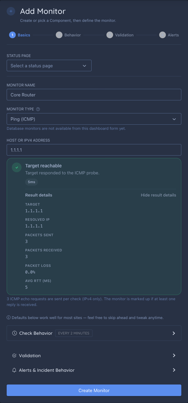 Live Ping (ICMP) target validation in the Add Monitor form