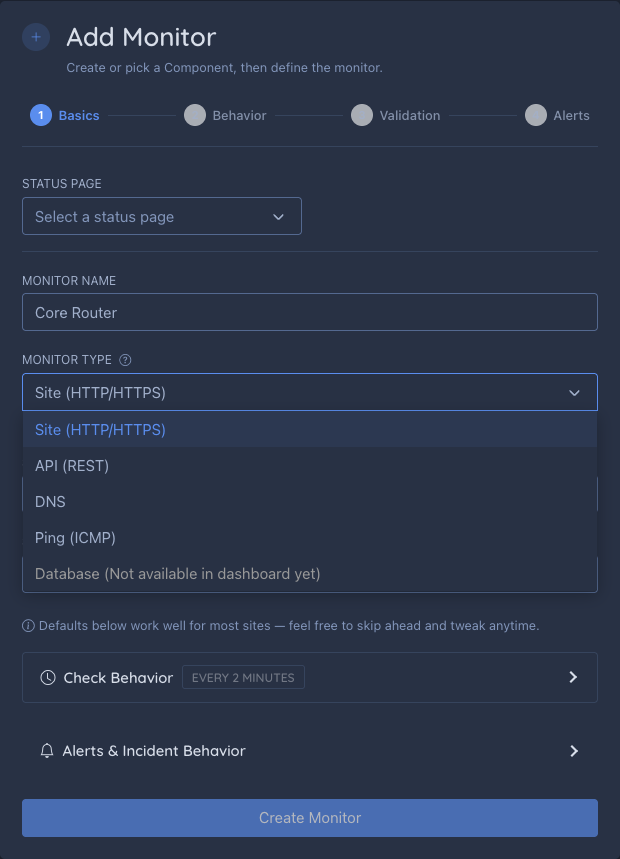Monitor type selector, including Ping (ICMP)
