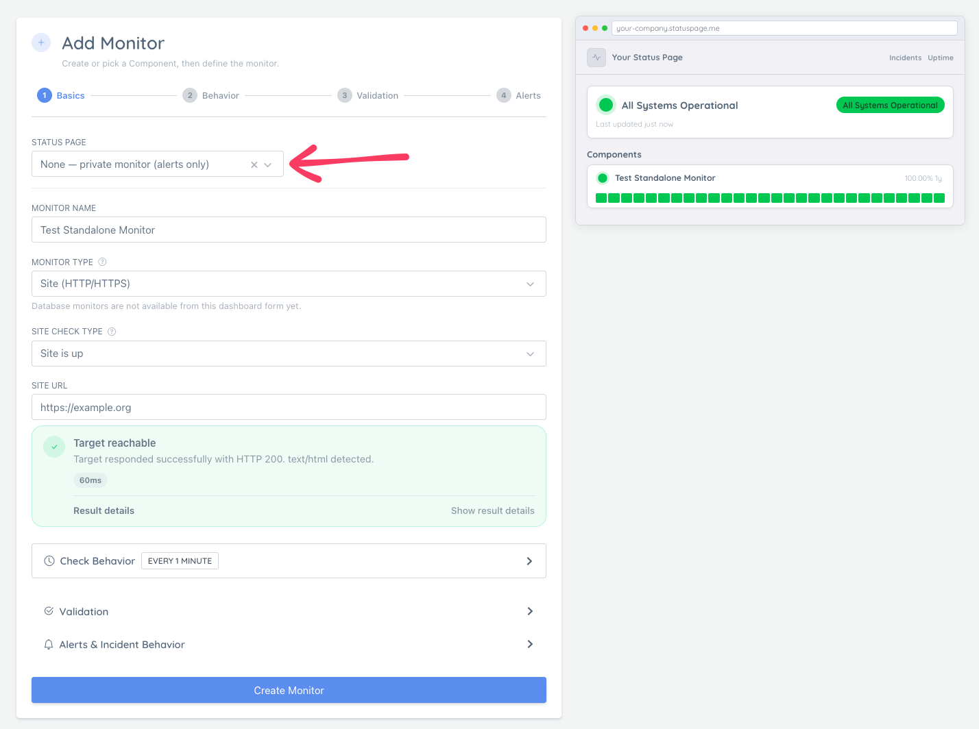 Create Private Monitor form