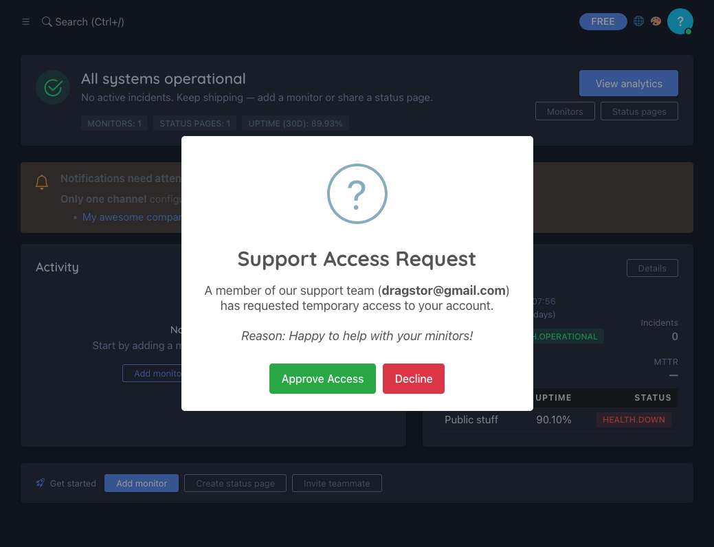 In-dashboard request example