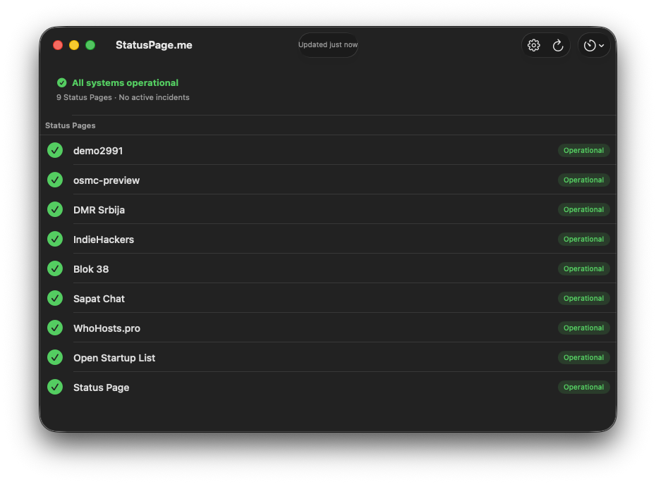 StatusPage.me for Mac dashboard showing multiple operational status pages