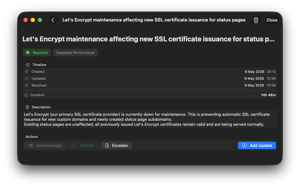 StatusPage.me for Mac incident detail view