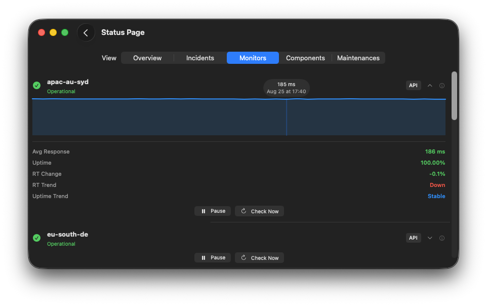 StatusPage.me for Mac monitor detail view with response graph
