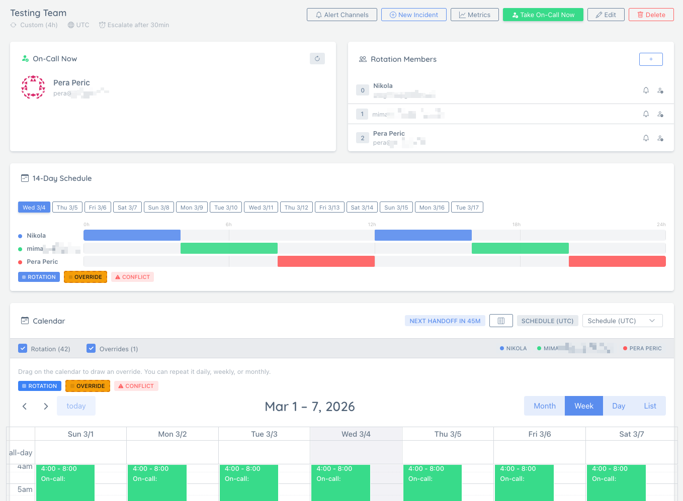 StatusPage.me monitoring dashboard showing on-call schedule and alert routing