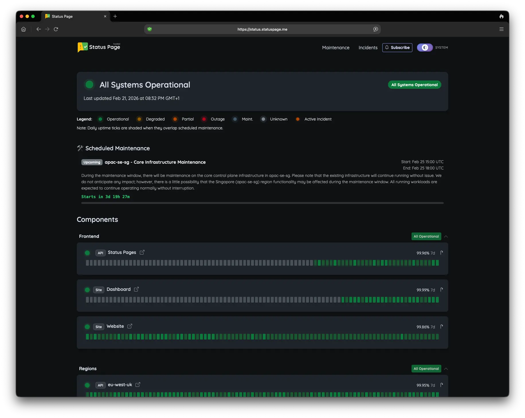 Hosted status page showing service components, scheduled maintenance, and uptime history